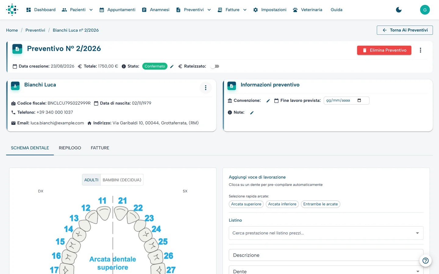 Schema dentale con la numerazione FDI nel preventivo odontoiatrico di MedicHub