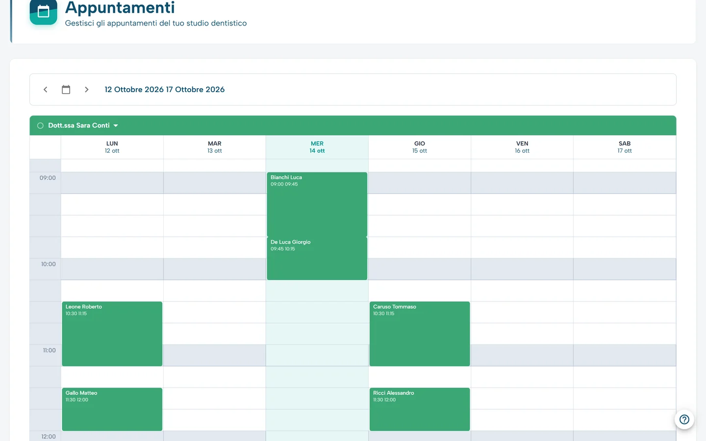 Agenda settimanale di un medico dello studio dentistico in MedicHub