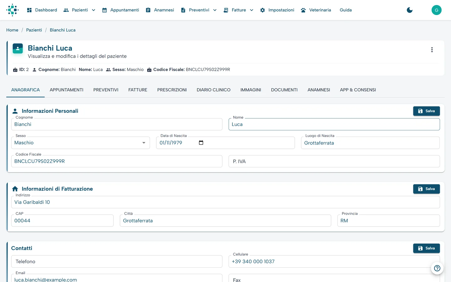Scheda del paziente in MedicHub con appuntamenti, preventivi, fatture e diario clinico